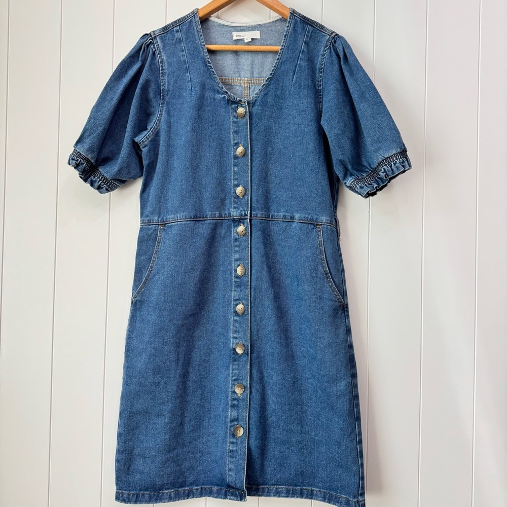 TNR Jeans Puff Sleeve Button Front Denim Casual Short Sleeve Jean Dress M Blue